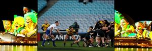 Women packing down for a scrum in a game of rugby. 