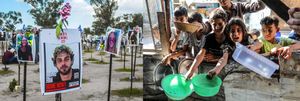 Side by side images, on the left a memorial field of posters with the faces of Israelis killed on October 7 and on the right a group of young Palestinian children in Gaza holding out empty plastic bowls.