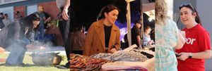 Three photos from left of young woman bending down for an Indigenous smoking ceremony, a young woman at a market stall and a young woman in a Labor t-shirt campaigning in the street.